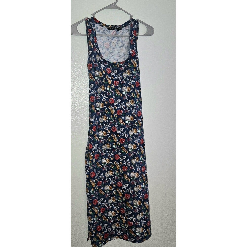 Lauren Ralph Lauren Midi Dress Navy Red Floral Sleeveless Slit Waist Tie Sz 10